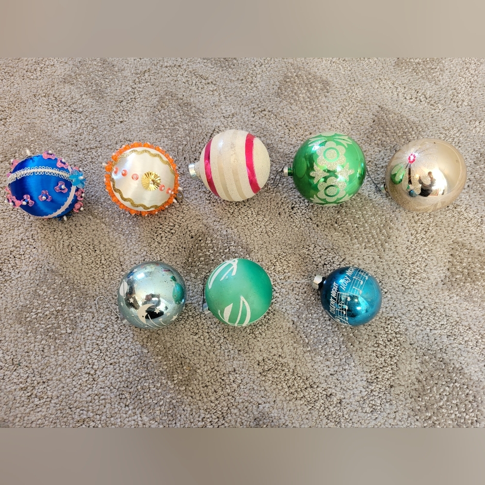 1950's Vintage Colorful Christmas Ornaments Set Of 8 SHINEY BRITE